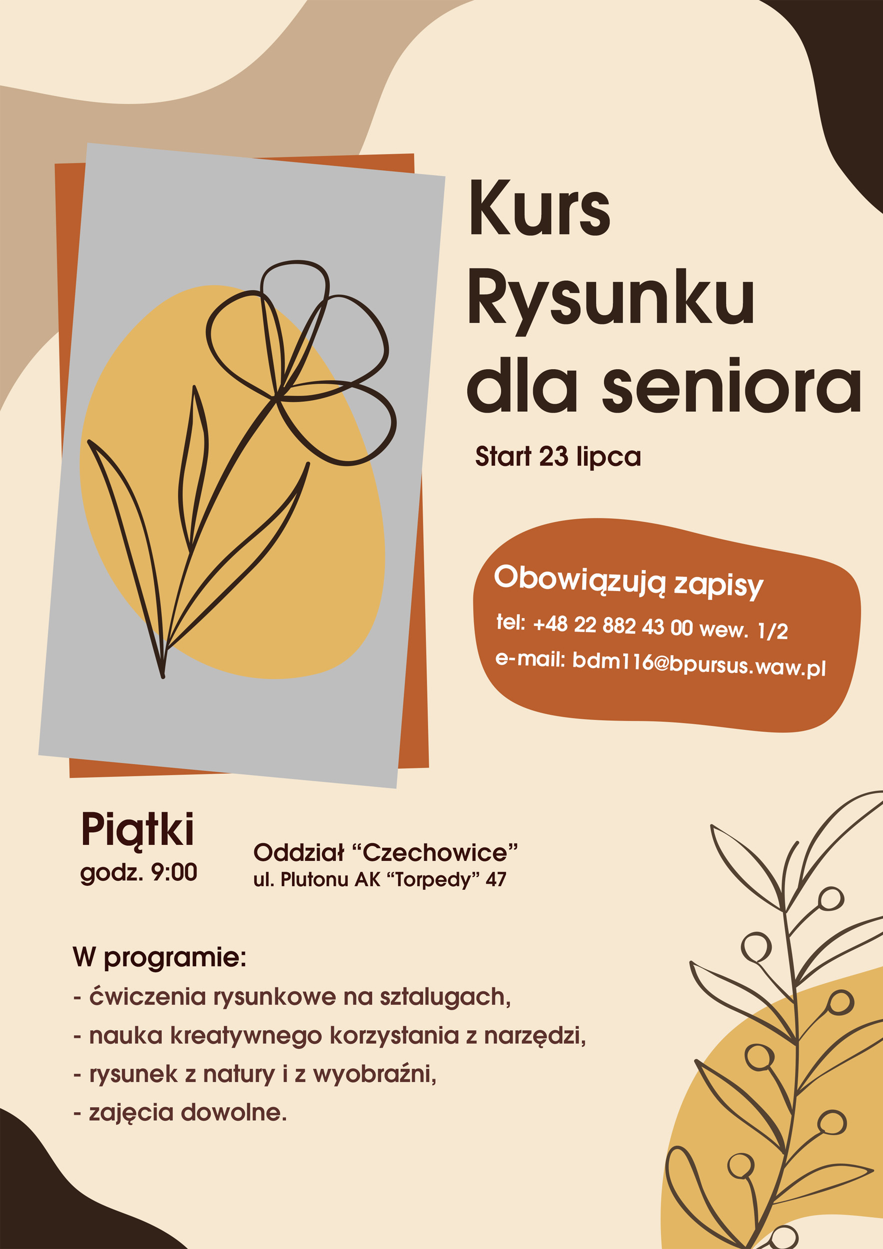plakat kurs rysunku dla seniorów plakat w tonacji beżowo brązowej, rysunek kwiatka, obok napis Kurs rysunku dla seniorów