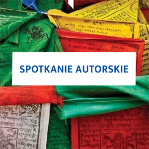 Kolorowe tło, na nim napis spotkanie autorskie