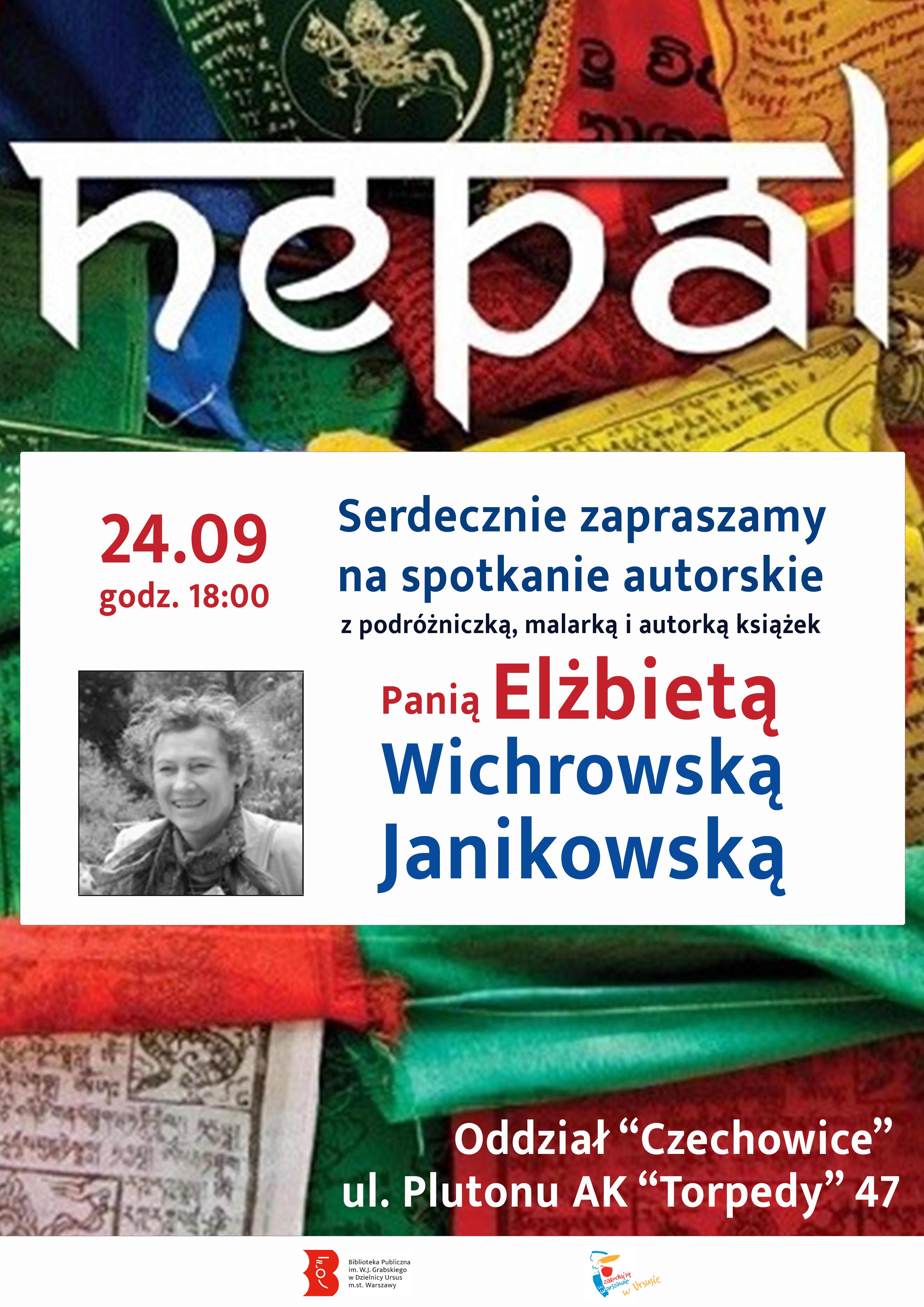 Spotkanie autorskie Plakat zapraszający na spotkanie autorskie z Elżbietą Wichrowską-Janikowską