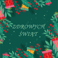 napis "zdrowych świąt" na zielonym tle przystrojonym prezentami i jarzębiną