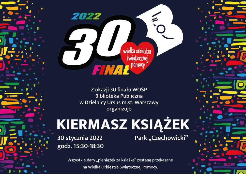 plakat na kiermasz książki na 30 finał wielkiej orkiestry świątecznej pomocy