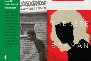 okładki książek na szarym tle i czerwone napisy