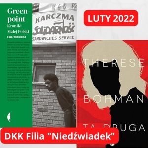 okładki książek na szarym tle i czerwone napisy