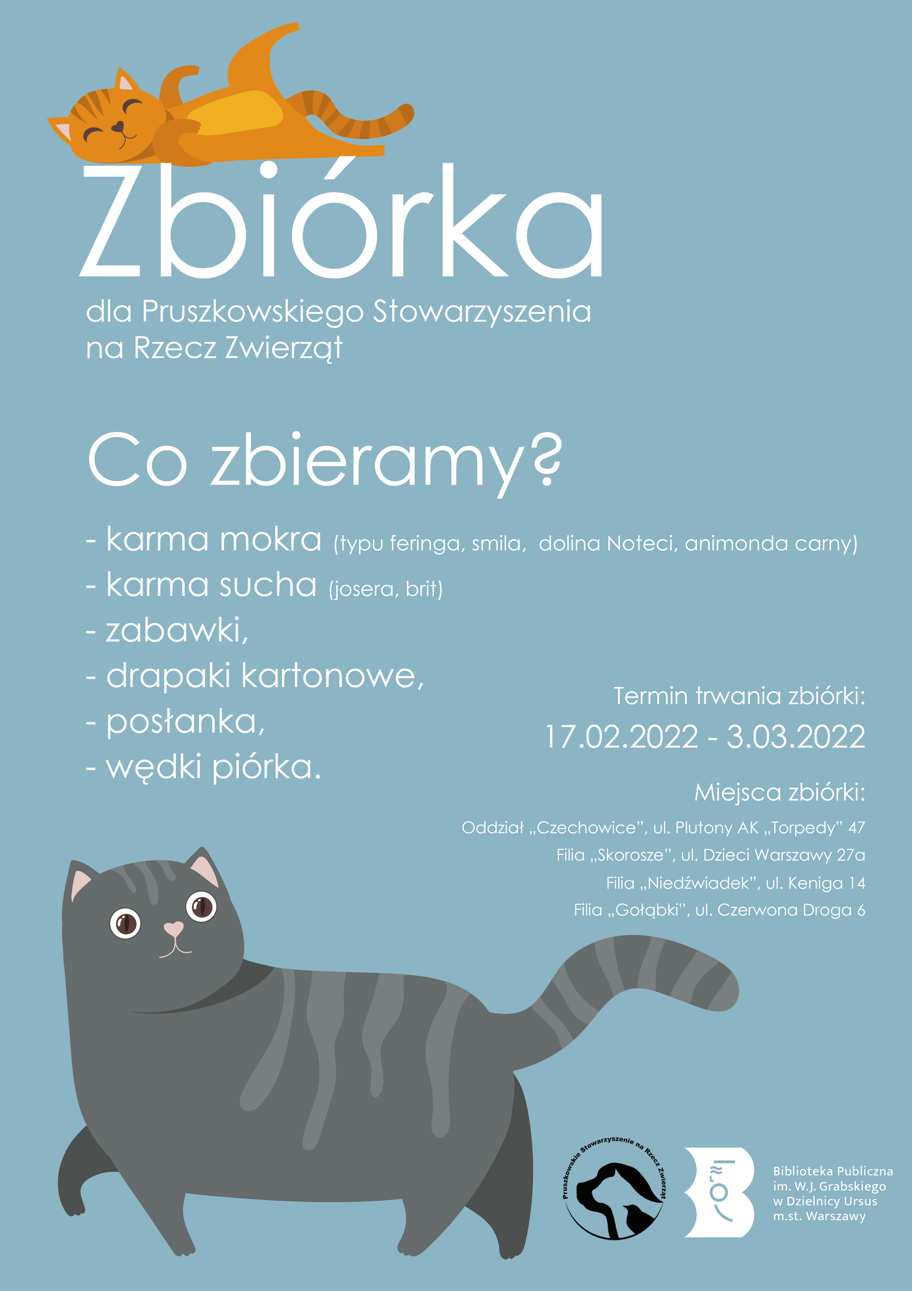 Światowy Dzień Kota Rysunki kotów wraz z informacją o zbiórce