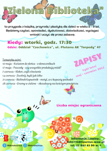 Zielona Biblioteka plakat zajęć "Zielona Biblioteka" z kolorowymi kwiatkami i żabką