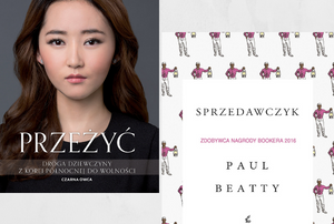 okładki książek i napisy na czerwonym tle