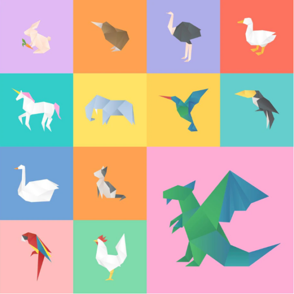papieroplastyka figurki zwierzęce wykonane metodą origami na kolorowych tłach