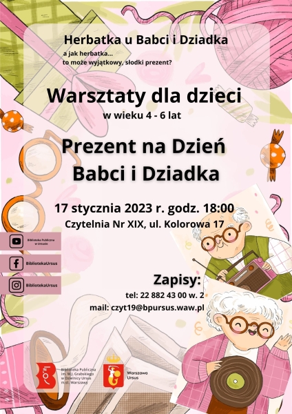 babcia i dziadek rysunek babci i dziadka na różowym tle wraz z komunikatem o warsztatach