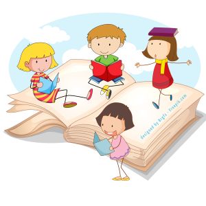 Dzieci siedzące na wielkiej książce czytają książki