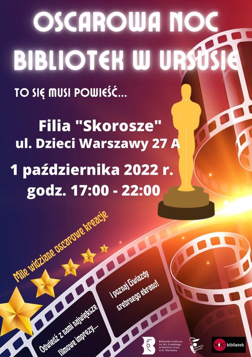 plakat z wizerunkiem statuetki oscara, rolką z filmu i gwiazdami
