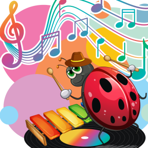 kolorowa grafika z biedronką i nutami