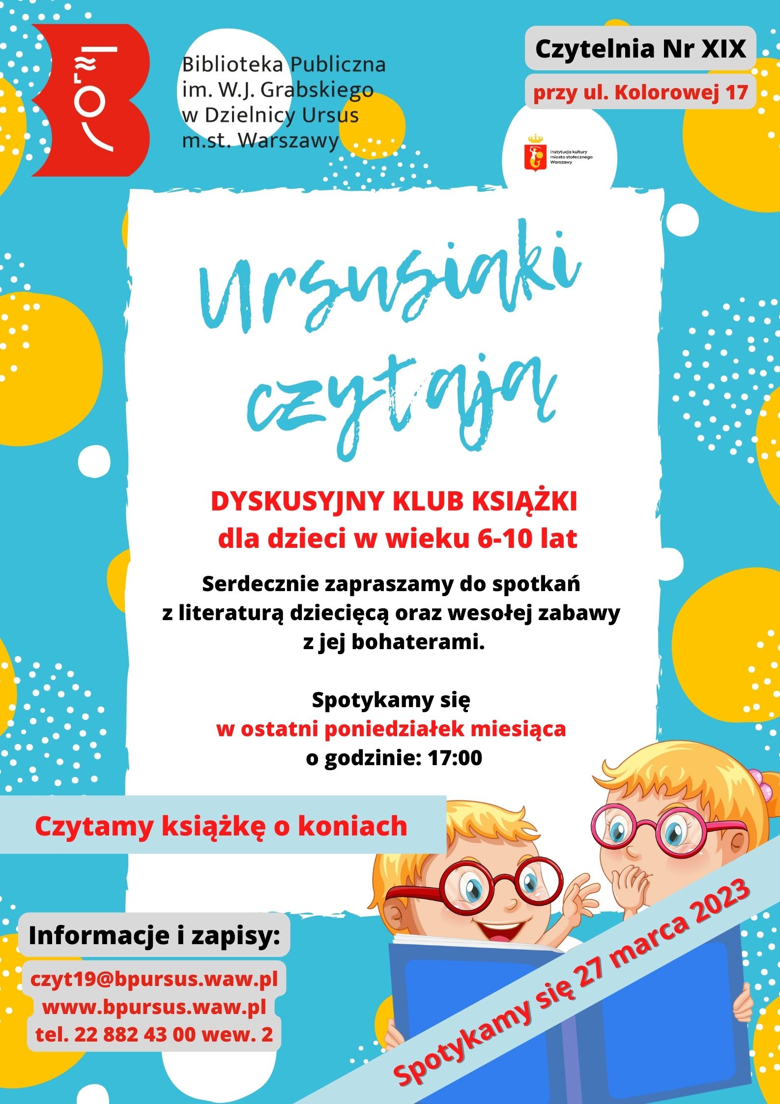 chłopiec i dziewczynka czytają książkę, wokół są kolorowe kółka