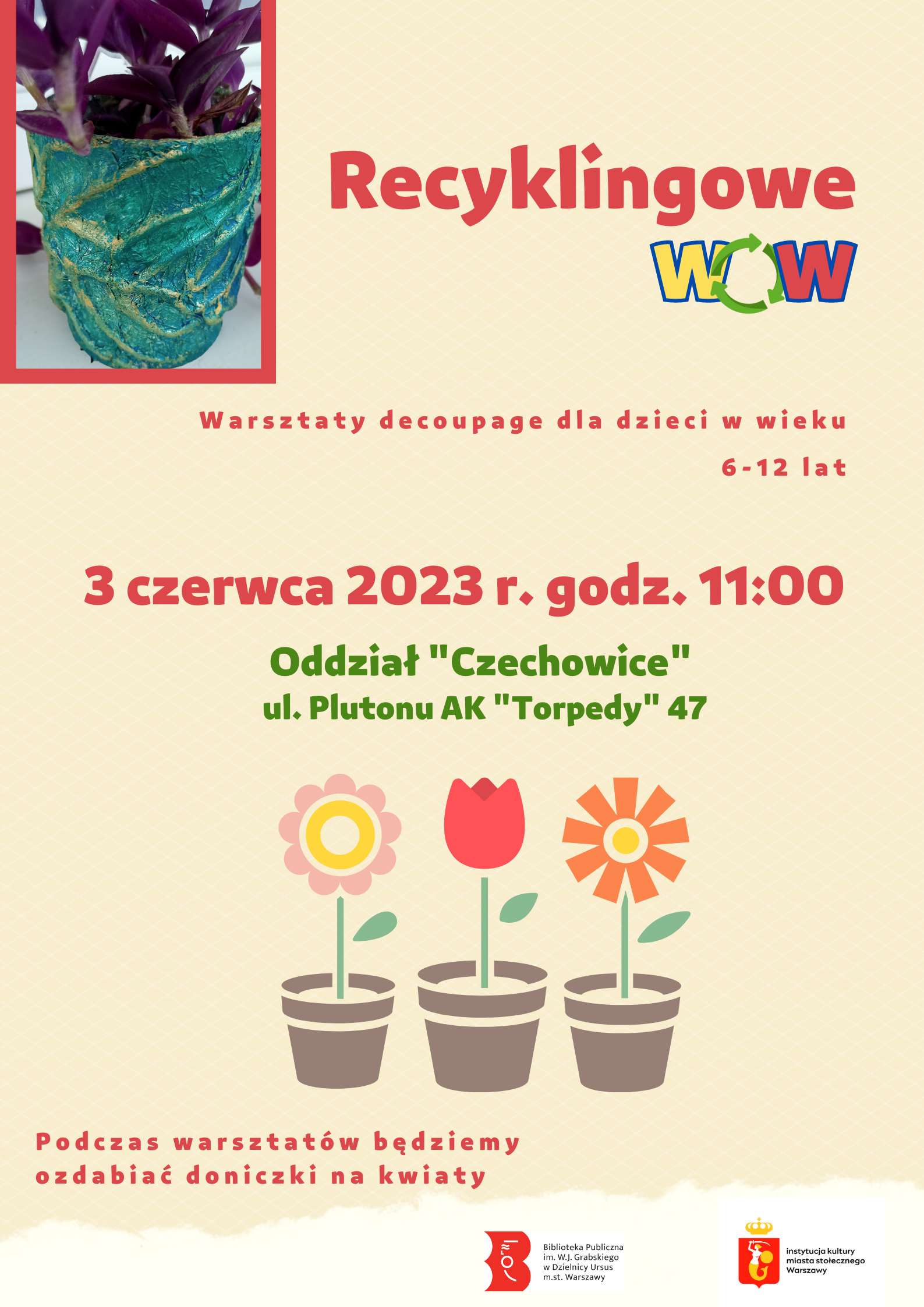 trzy kolorowe kwiatki i zdjęcie doniczki