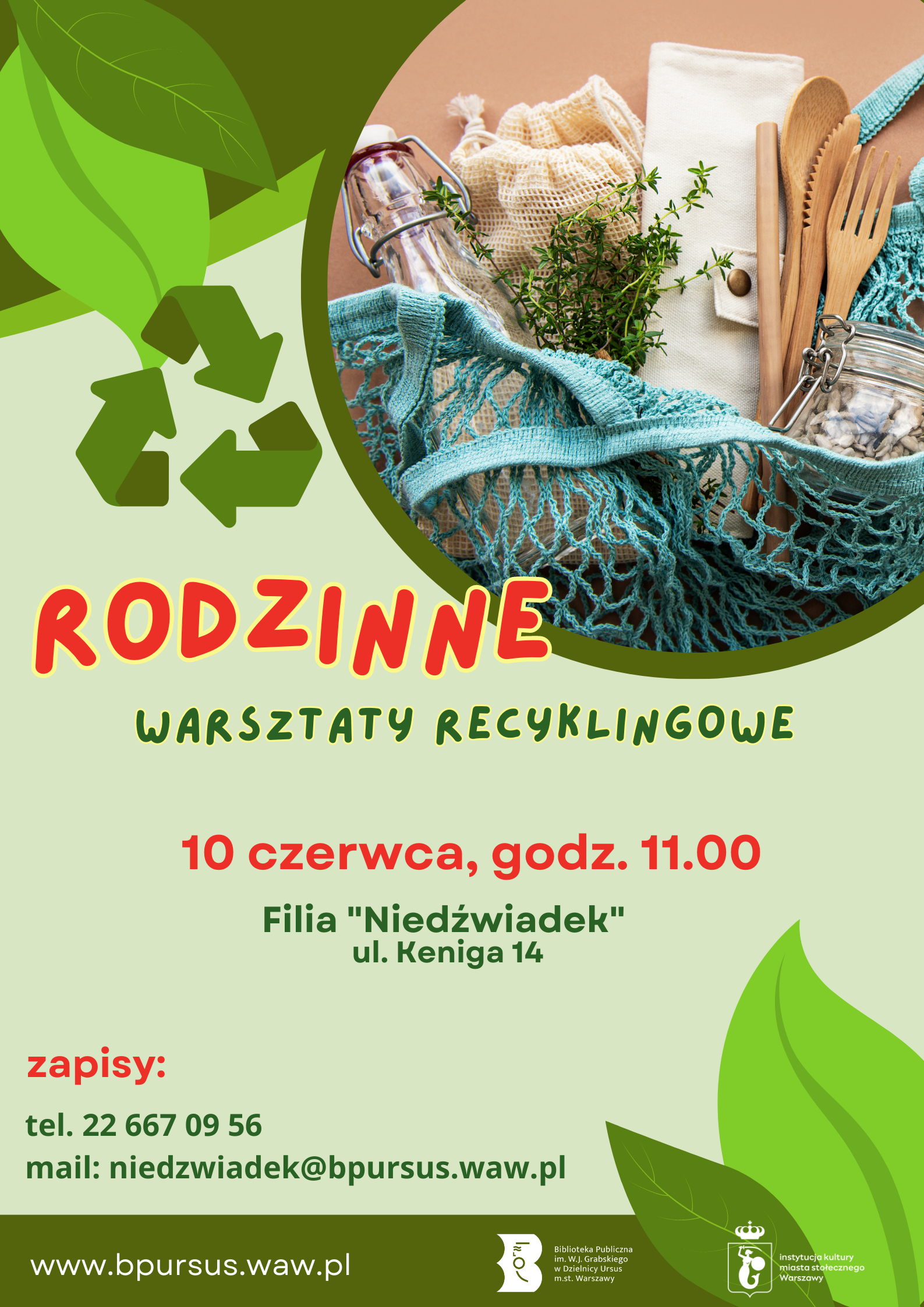 w wyróżnionym kółku znajdują się drewniane sztućce, jutowy woreczek, butelka szkalana i inne, obok znak recyklingu i zielone listki