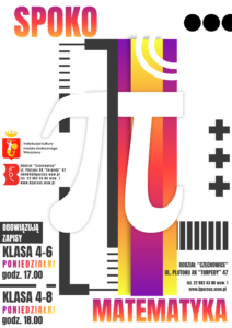 Grafika przedstawiająca znak Pi w kolorowej typografii na tle geometrycznych kształtów