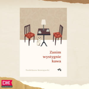 okładka książki a na niej stolik, lampka i dwie kawy, dwa krzesła, a na podłodze kot