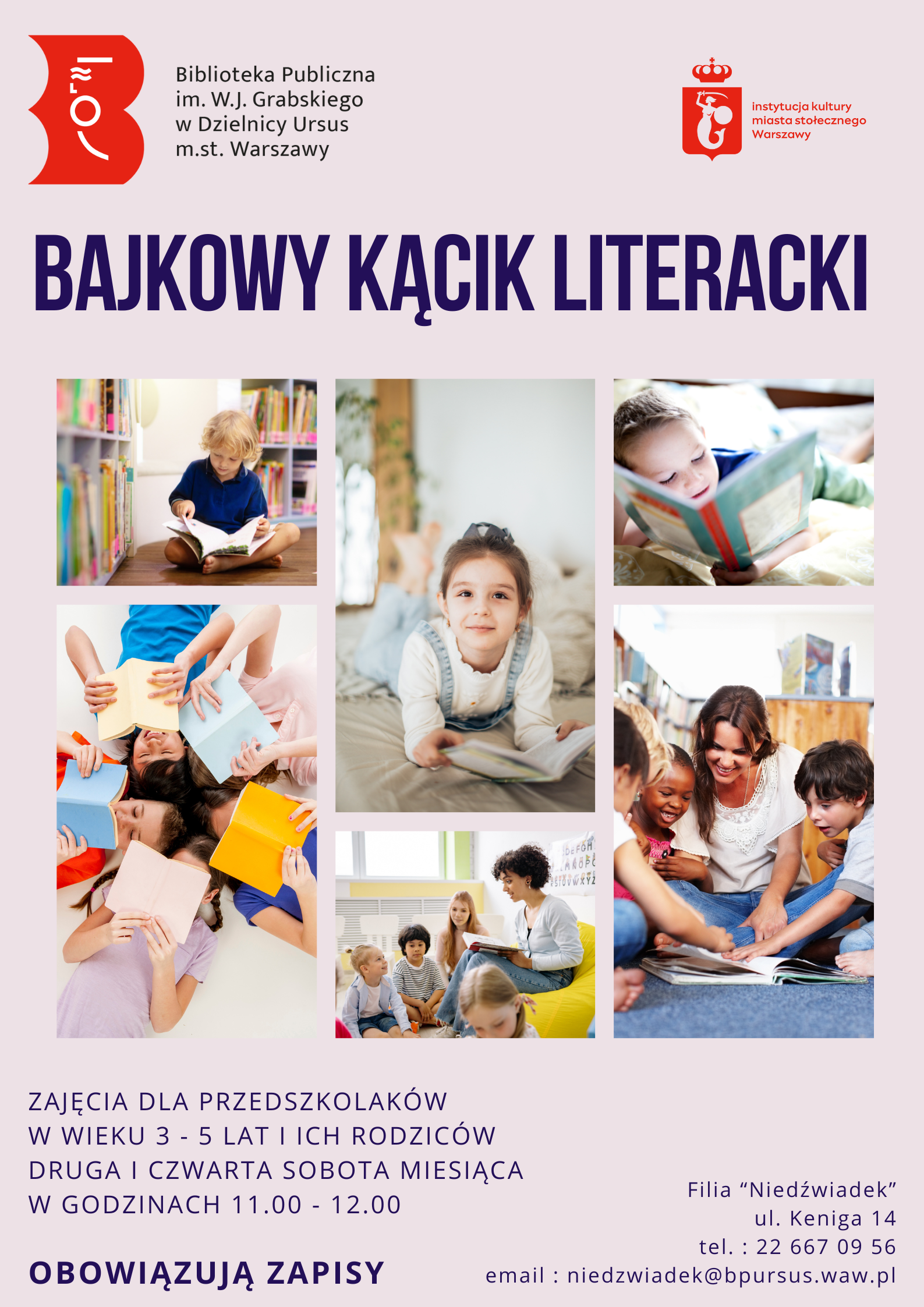 Plakat ze zdjęciami dzieci podczas czytania książek.