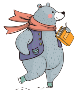 miś na łyżwach z książką w ręku