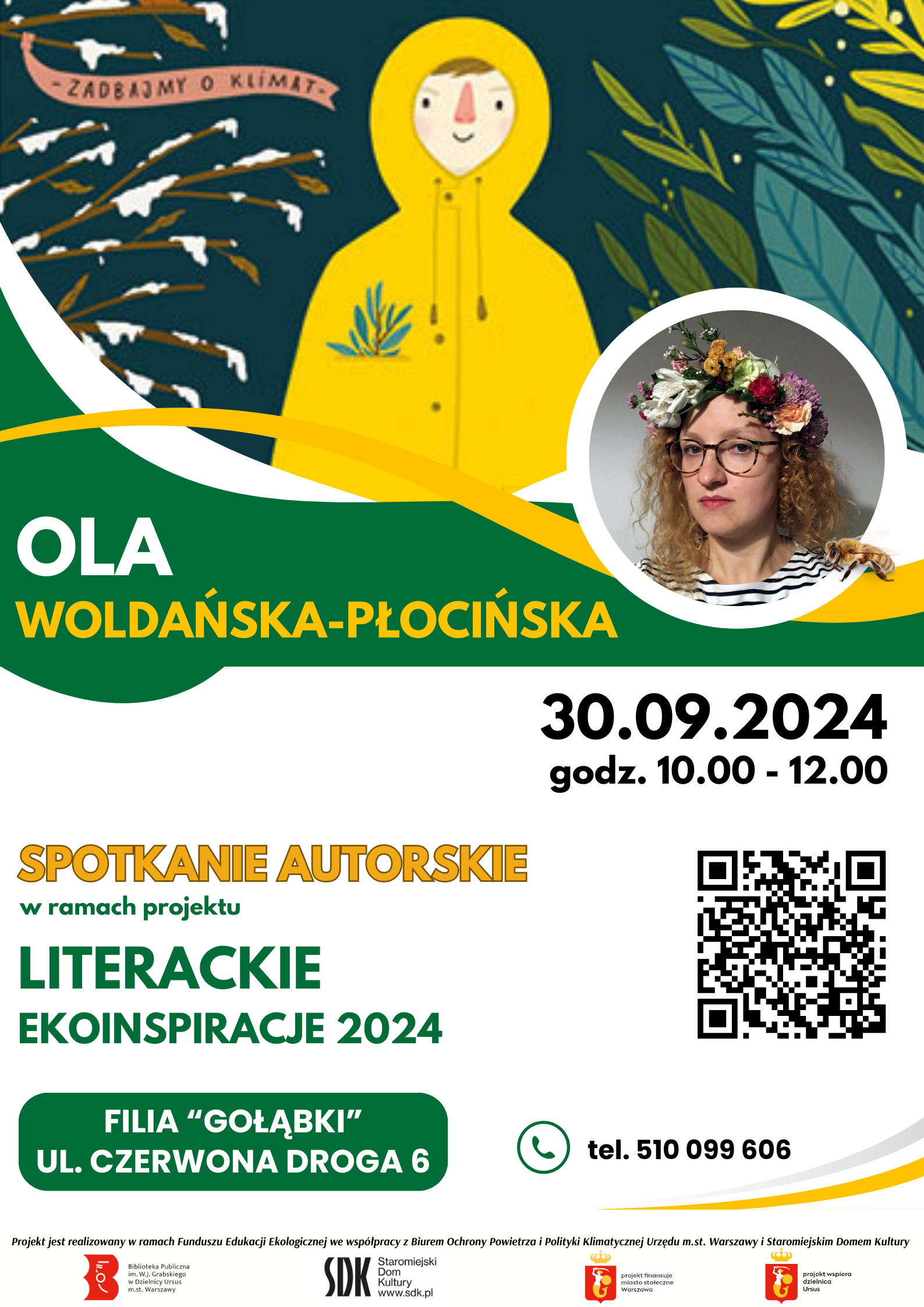 żółty ludzik wśród roślin i gałązek ze śniegiem
