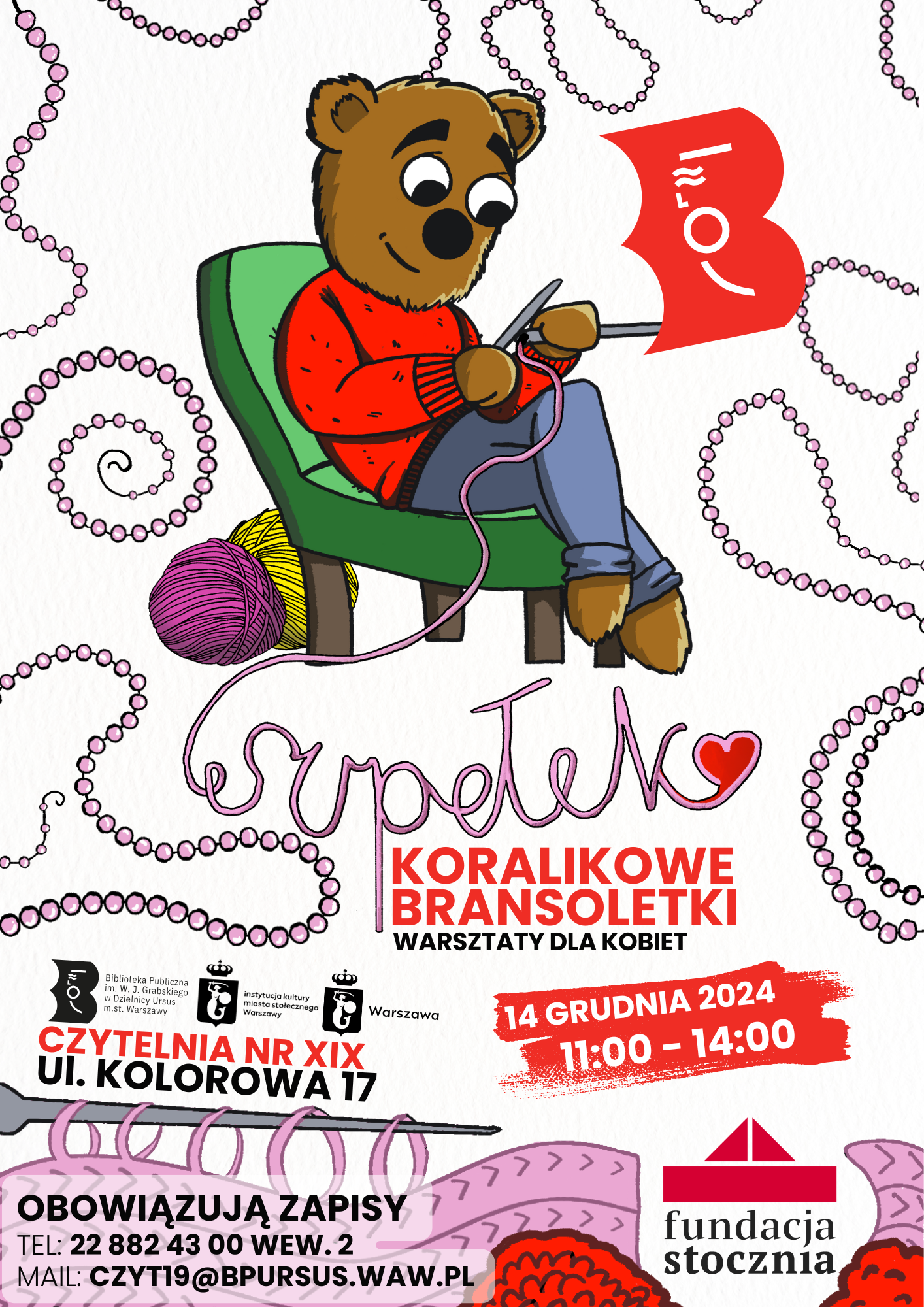 misiek siedzi na fotelu i robi na drutach. wokół fruwają koraliki i włóczki