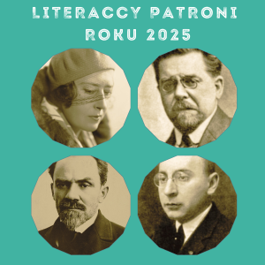 literaccy patroni roku wizerunki 4 osób w kolorze sepi