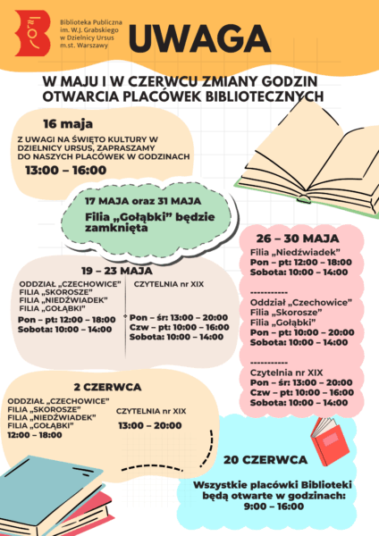 Zmiana godzin książki i chmurki z godzinami pracy biblioteki