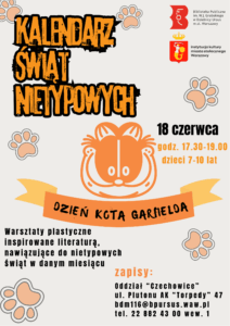 Kolorowy plakat z obrazkami łapek kota oraz rysunkiem głowy kota.