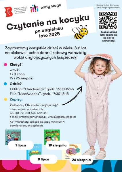 dziecko z książka na głowie, obok niego książki dziecięce i lata pszczółka