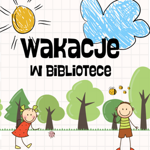 kreskówka - dziewczynka i chłopiec na tle drzew. na górze słońce i chmurka