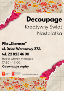 Plakat z barwnymi elementami ozdobnymi, wyglądającymi jak skrawki dekoracyjne scrapbooking.