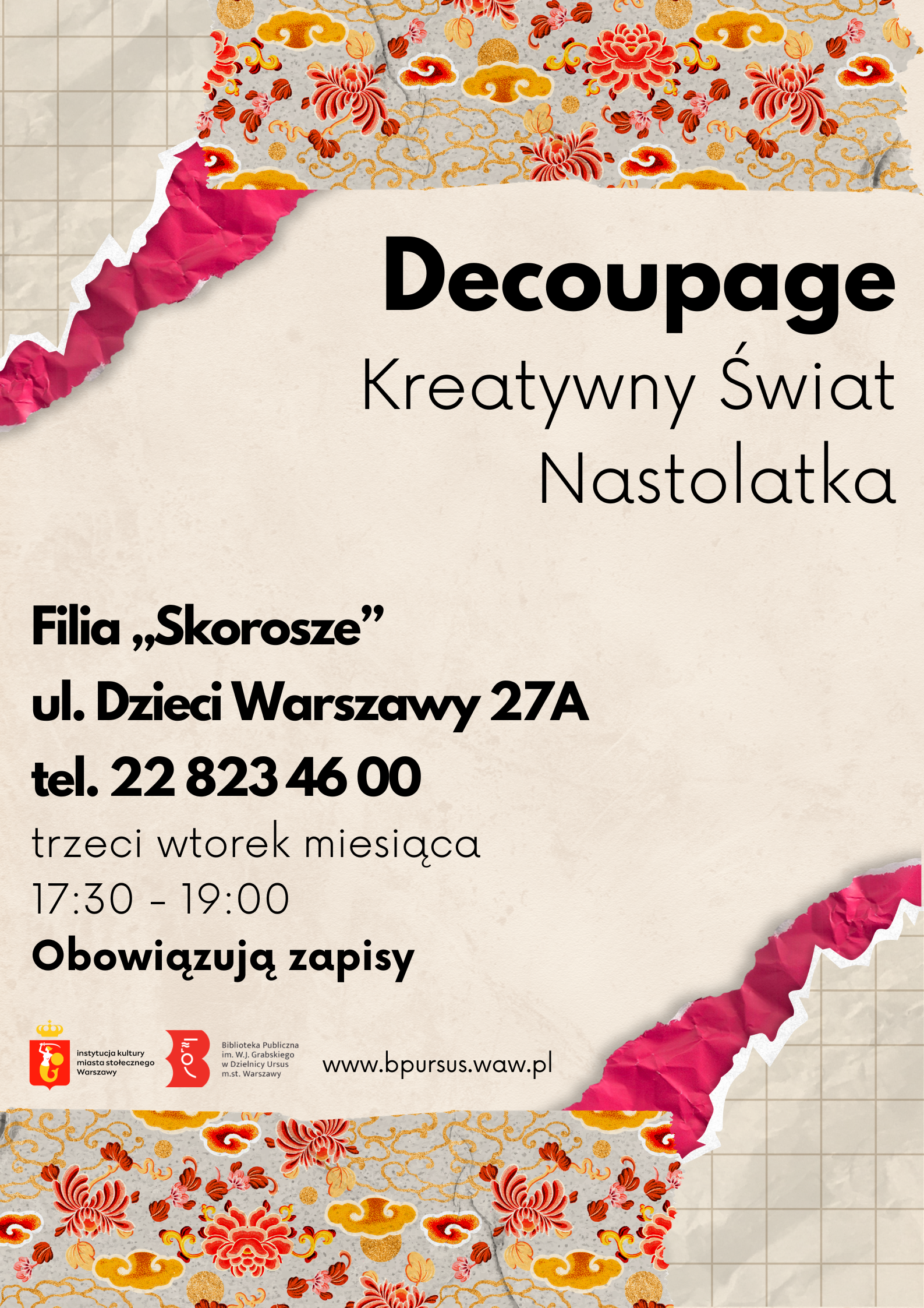 Plakat z barwnymi elementami ozdobnymi, wyglądającymi jak skrawki dekoracyjne scrapbooking.