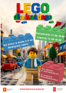 Plakat na którym znajdują się budowle z klocków Lego oraz - w centralnym miejscu - figurka Lego.