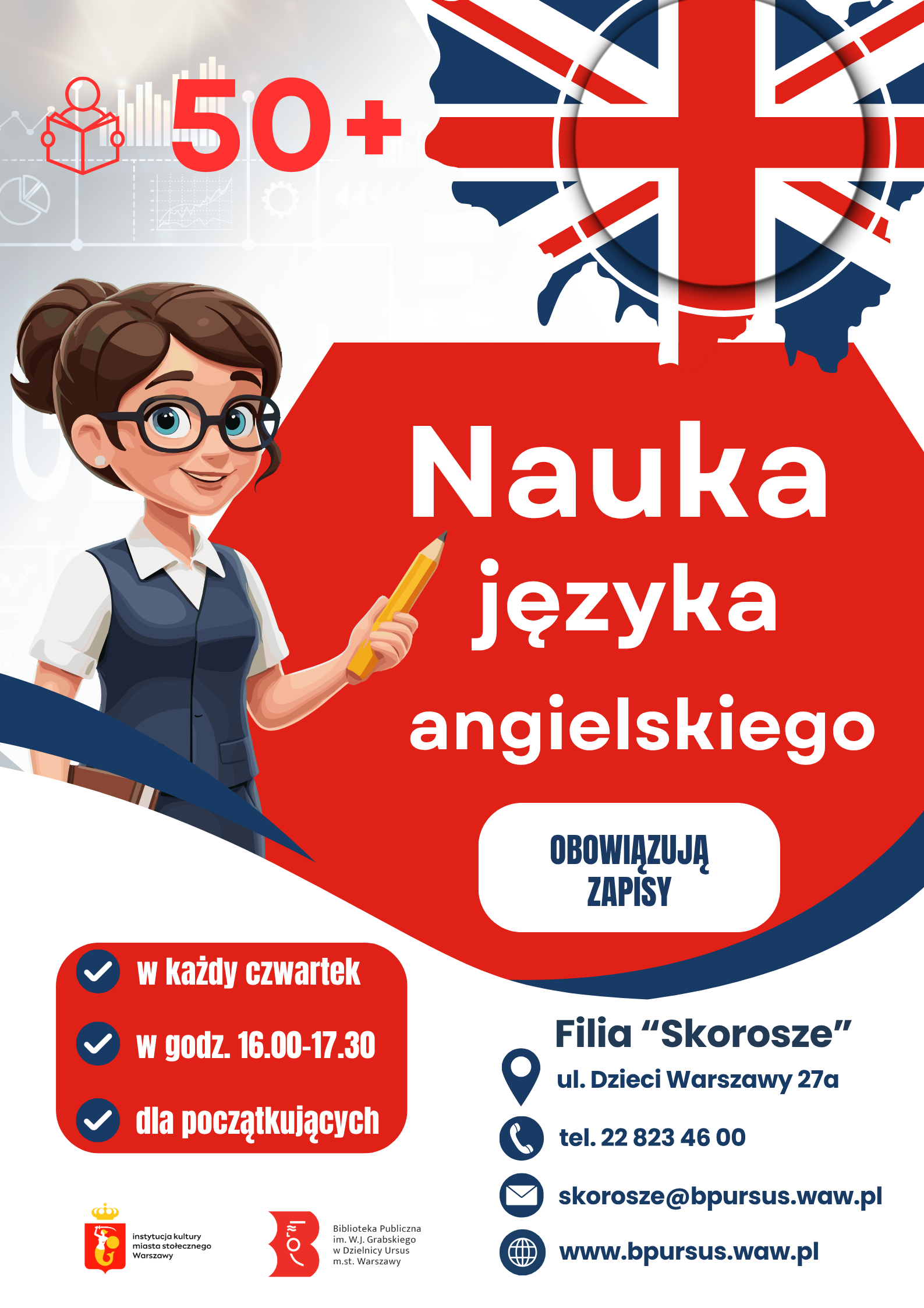 Plakat na którym widnieje rysunkowa postać kobiety z ołówkiem w dłoni oraz flaga Wielkiej Brytanii.