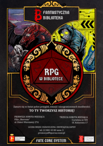 Czarny plakat z abstrakcyjnymi postaciami po bokach oraz logo gier RPG