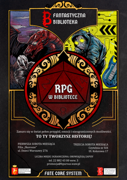 Czarny plakat z abstrakcyjnymi postaciami po bokach oraz logo gier RPG