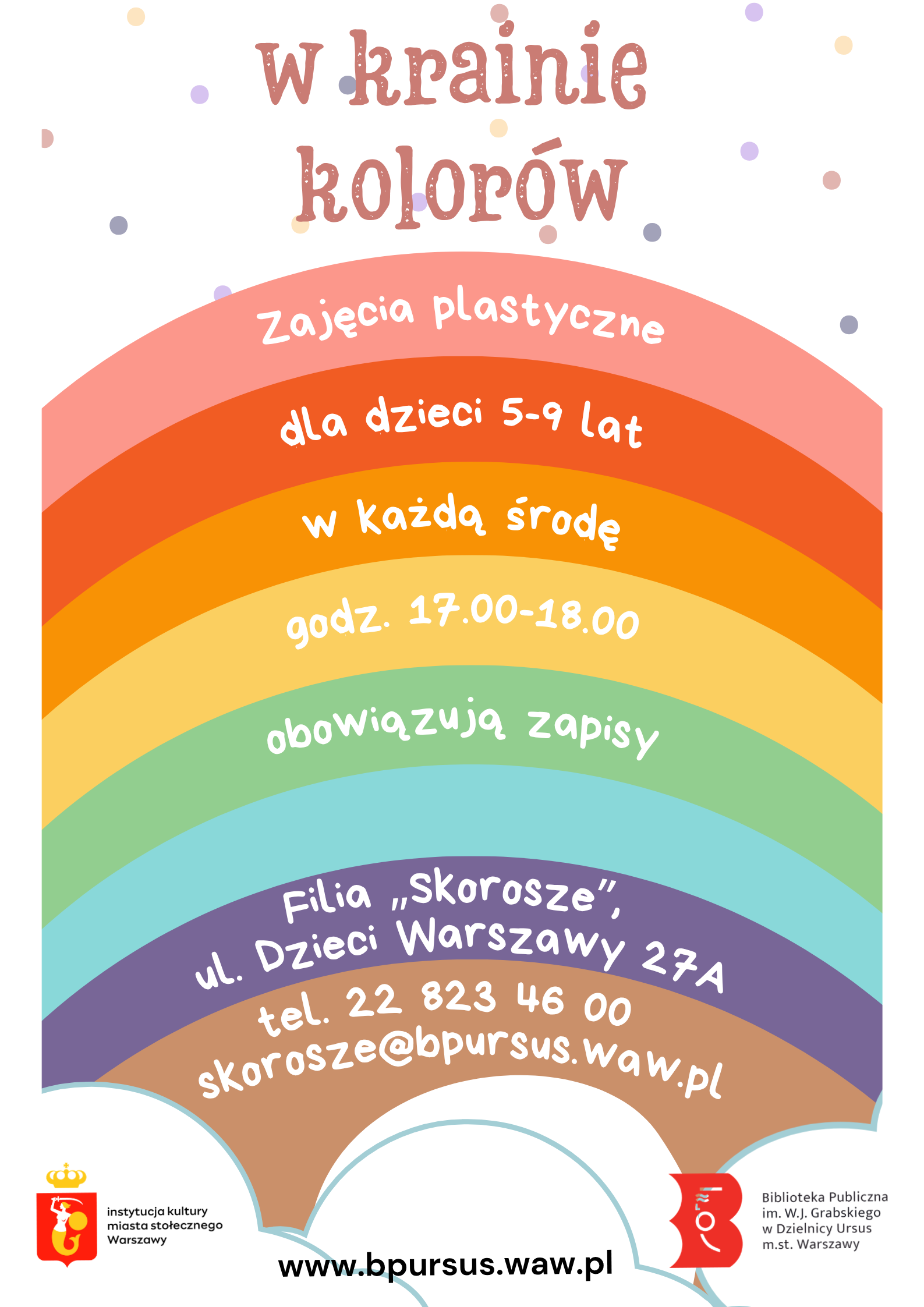 Plakat z białymi napisami na kolorowej tęczy.