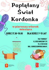 Plakat z obrazkami motka włóczki, pieska owiniętego włóczką oraz koszyczka z kłebkami.