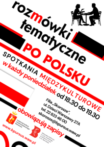 Plakat z czerwonymi oraz czarnymi napisami oraz symbolem przedstawiającym kobietę i mężczyznę siedzących przy stoliku.