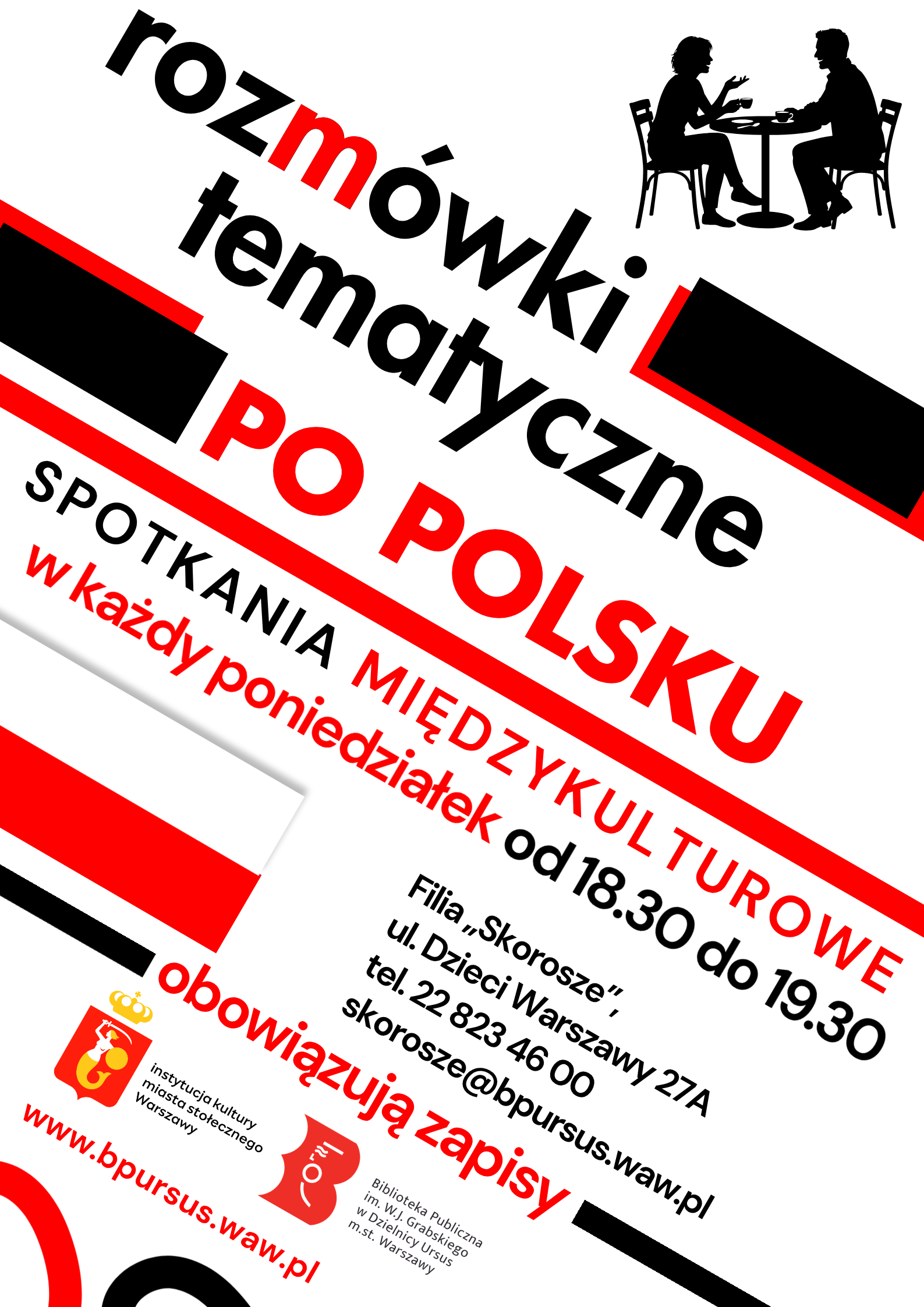 Plakat z czerwonymi oraz czarnymi napisami oraz symbolem przedstawiającym kobietę i mężczyznę siedzących przy stoliku.