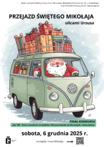 Grafika przedstawiająca Mikołaja w samochodzie. Na dachu znajdują się prezenty.