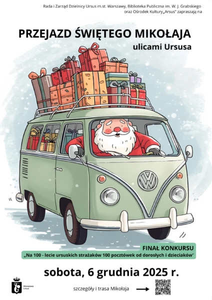 Grafika przedstawiająca Mikołaja w samochodzie. Na dachu znajdują się prezenty.