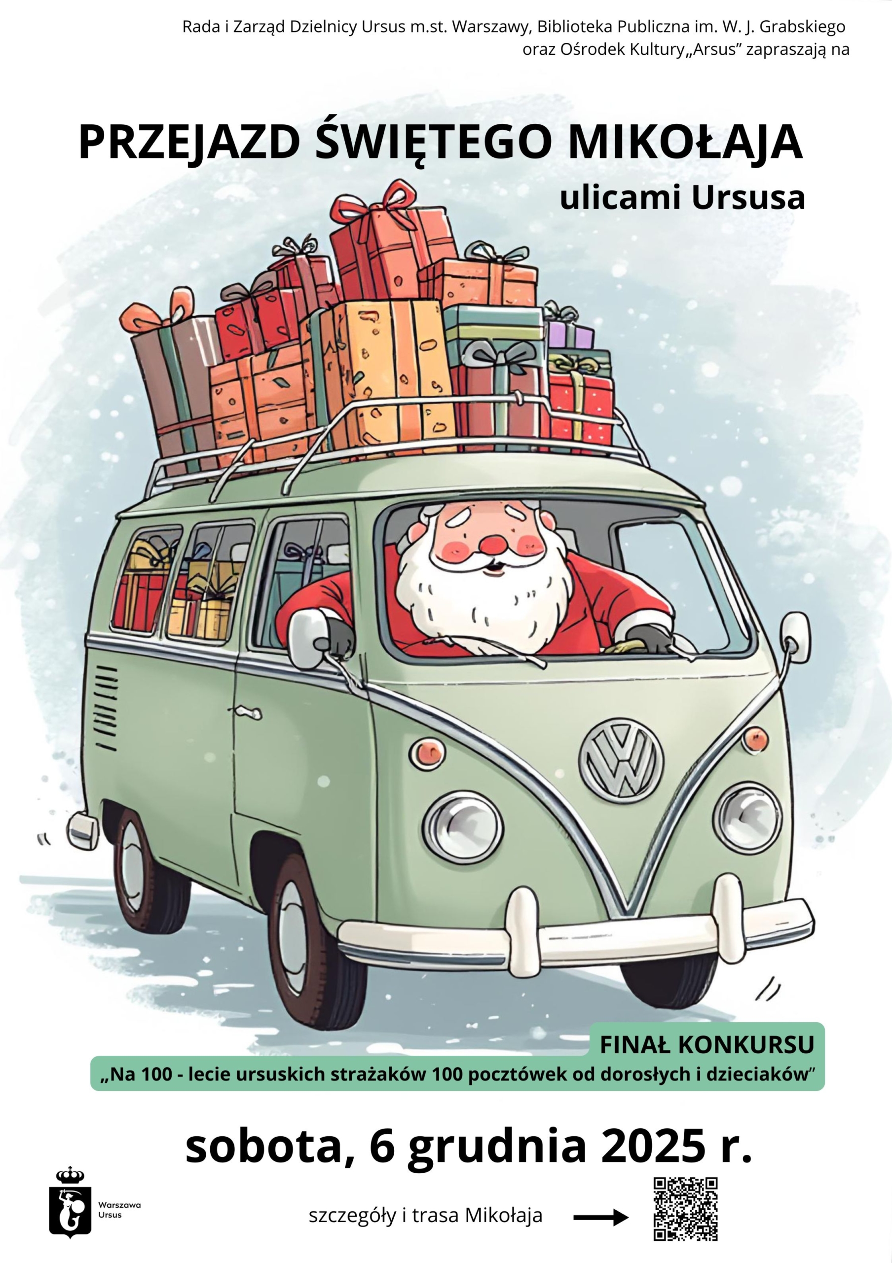 Grafika przedstawiająca Mikołaja w samochodzie. Na dachu znajdują się prezenty.