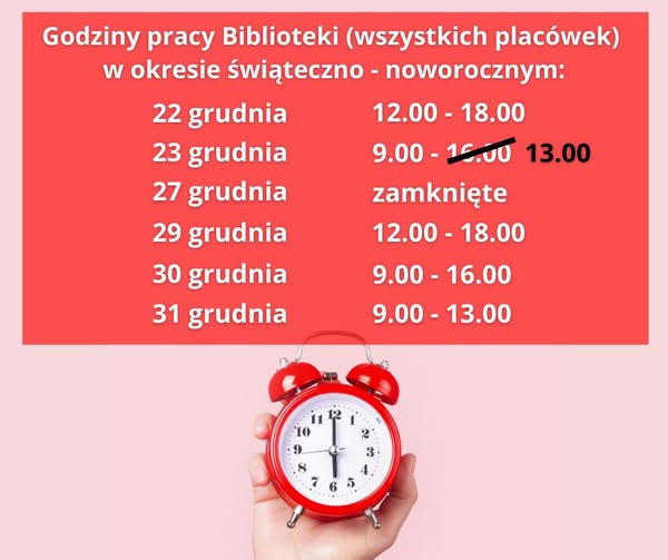 Białe napisy na czerwonym tle oraz zdjęcie ręki, trzymającej budzik.