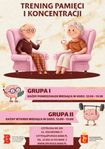 Plakat promujący trening pamięci i koncentracji dla seniorów.