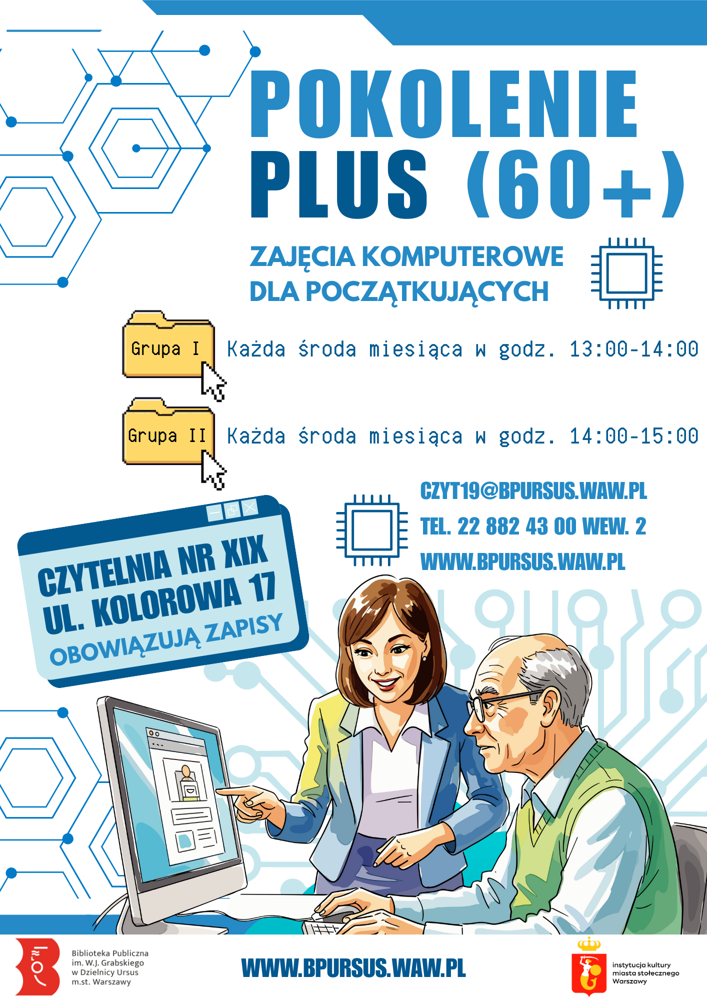 Plakat informujący o zajęciach komputerowych dla seniorów "Pokolenie Plus (60+)"