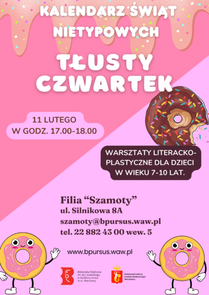 Plakat przedstawiający trzy donuty na tle w kolorze różowym