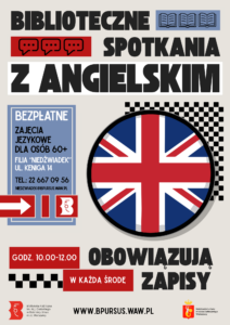Czarne napisy na szarym tle oraz flaga Wielkiej Brytanii w kółku.