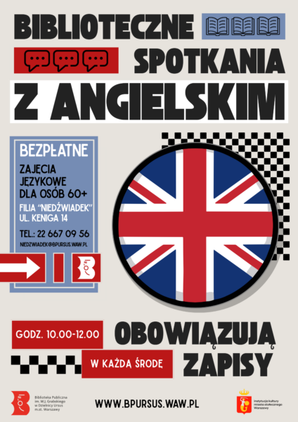 Czarne napisy na szarym tle oraz flaga Wielkiej Brytanii w kółku.