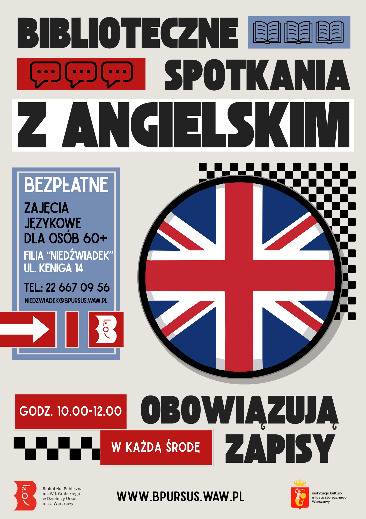Czarne napisy na szarym tle oraz flaga Wielkiej Brytanii w kółku.