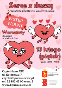 Różowy plakat walentynkowy z dwoma sercami oraz serduszkami w tle, promujący wydarzenie z okazji Dnia Zakochanych